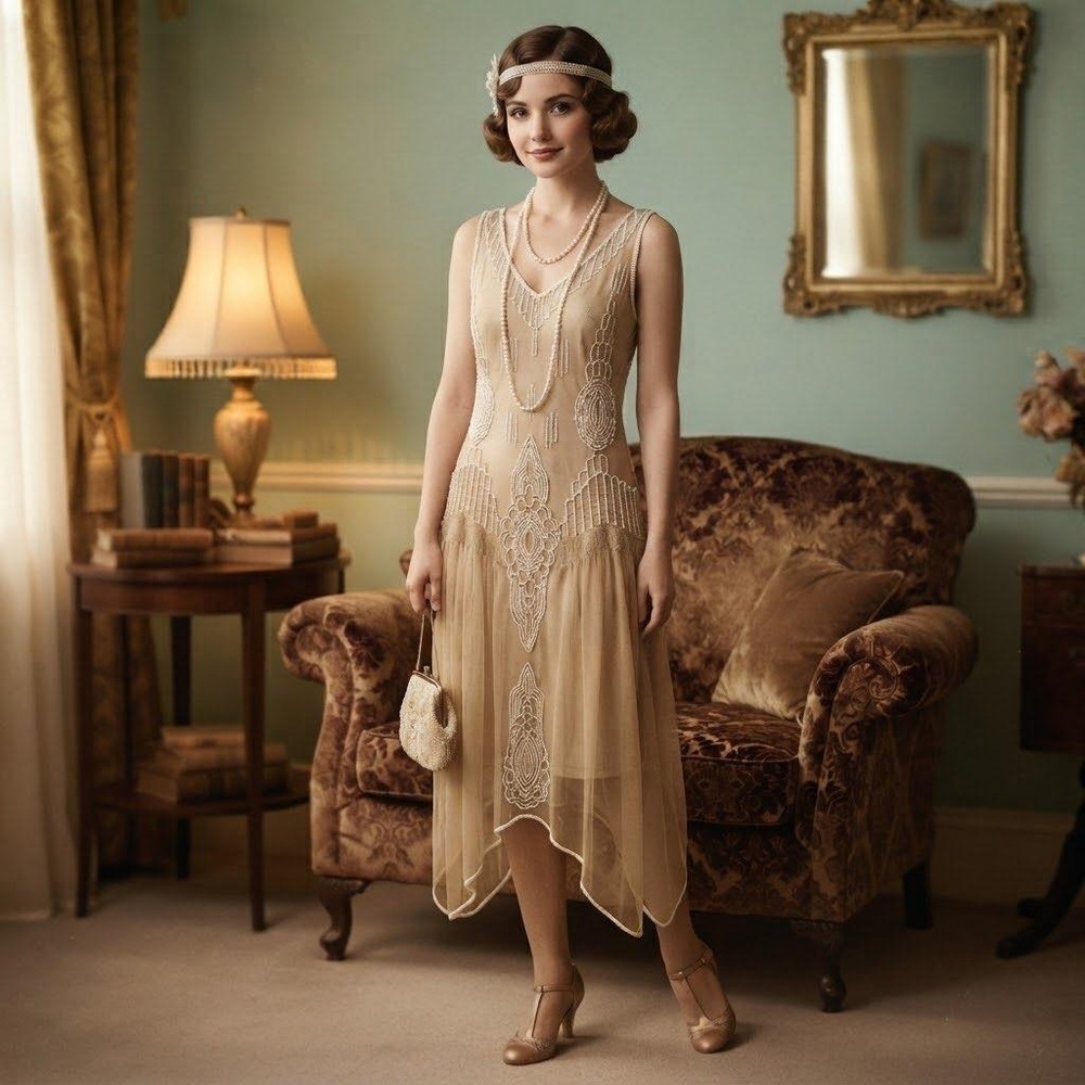 Vintage 1920s Flapper Dress Tan Beaded Art Deco Gatsby Handkerchief Hem NWT